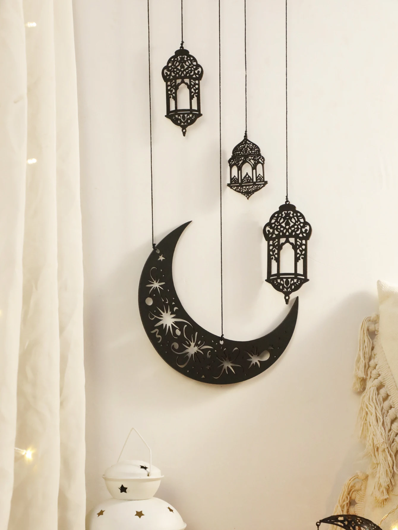 Wooden Wall Decor - Black Wooden Crescent Moon with Star Cutouts , Hanging Lanterns for Ramadan Eid, Islamic Festival Home Decor