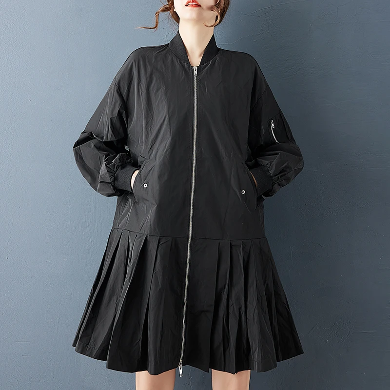 معطف أسود عتيق كبير الحجم للنساء جديد مرقع مطوي ملابس خارجية فضفاضة غير رسمية سترة ملابس ربيع خريف 2025