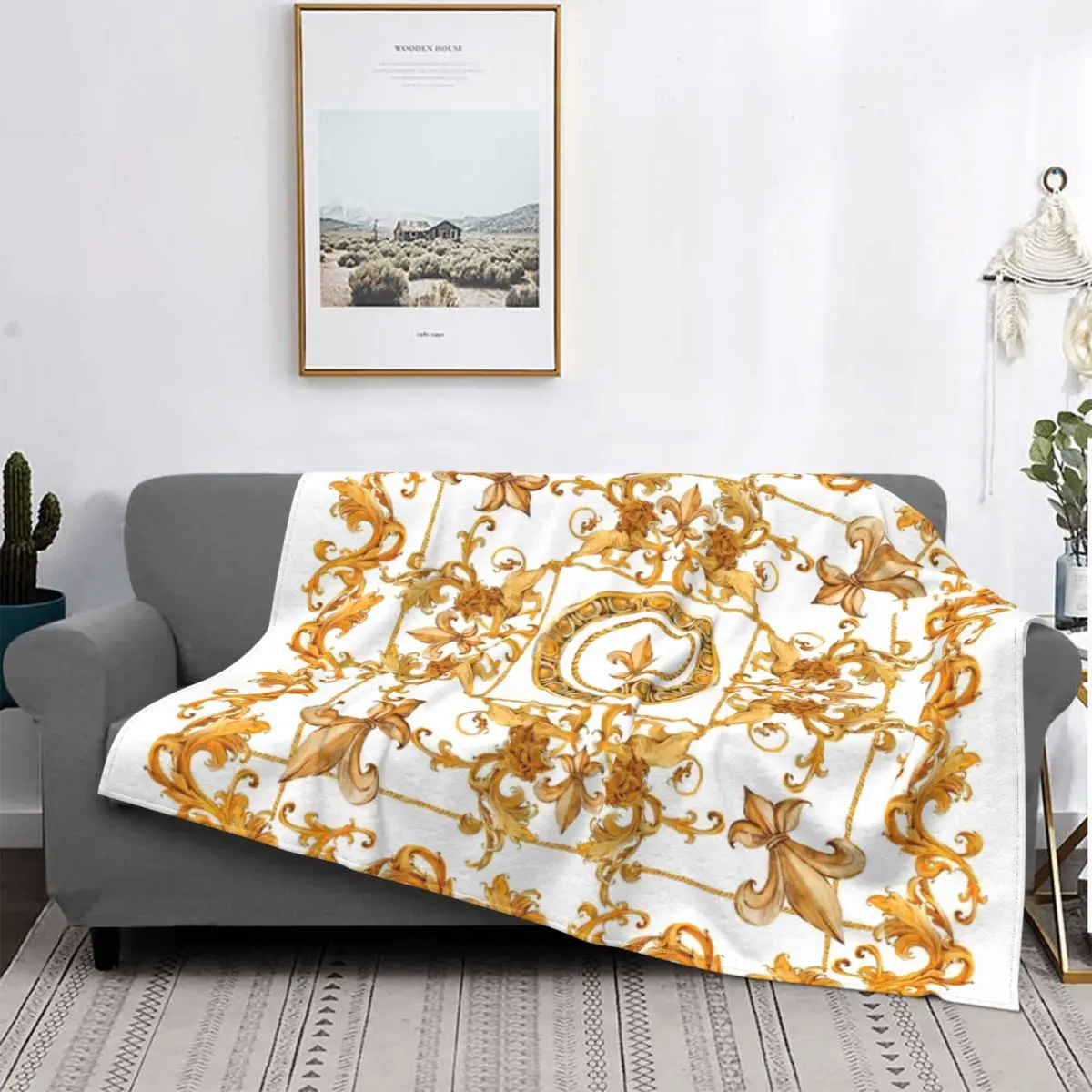 

Golden Lion And Damask Ornament Blankets Fleece Multifunction Lightweight Throw Blanket for Home Car Plush Thin Quilt