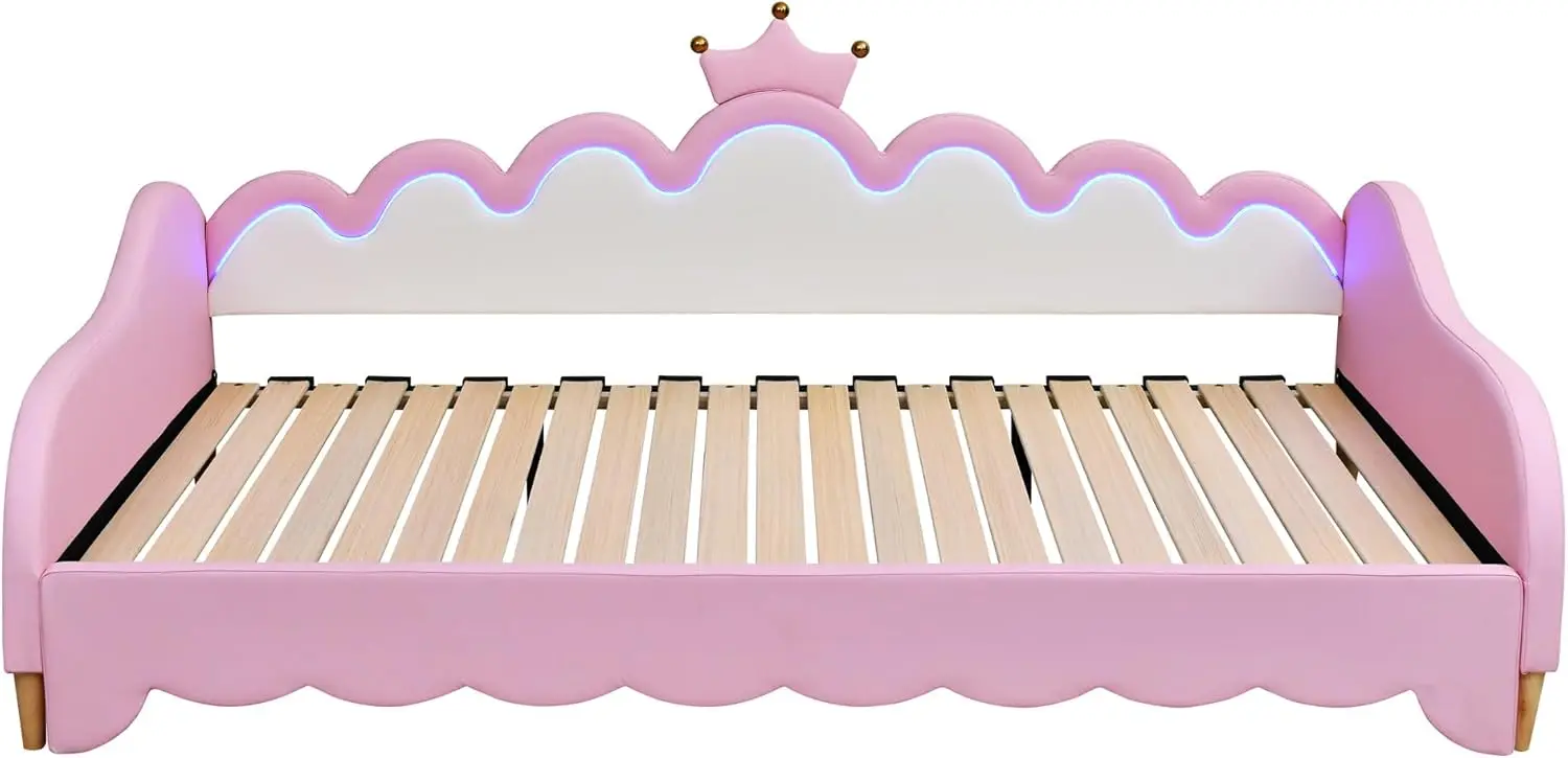 Merax Twin Size gestoffeerd prinsessenbedframe met kroonhoofdeinde en lichtstrips, ruimtebesparend uitschuifbaar dagbed uittrekbaar