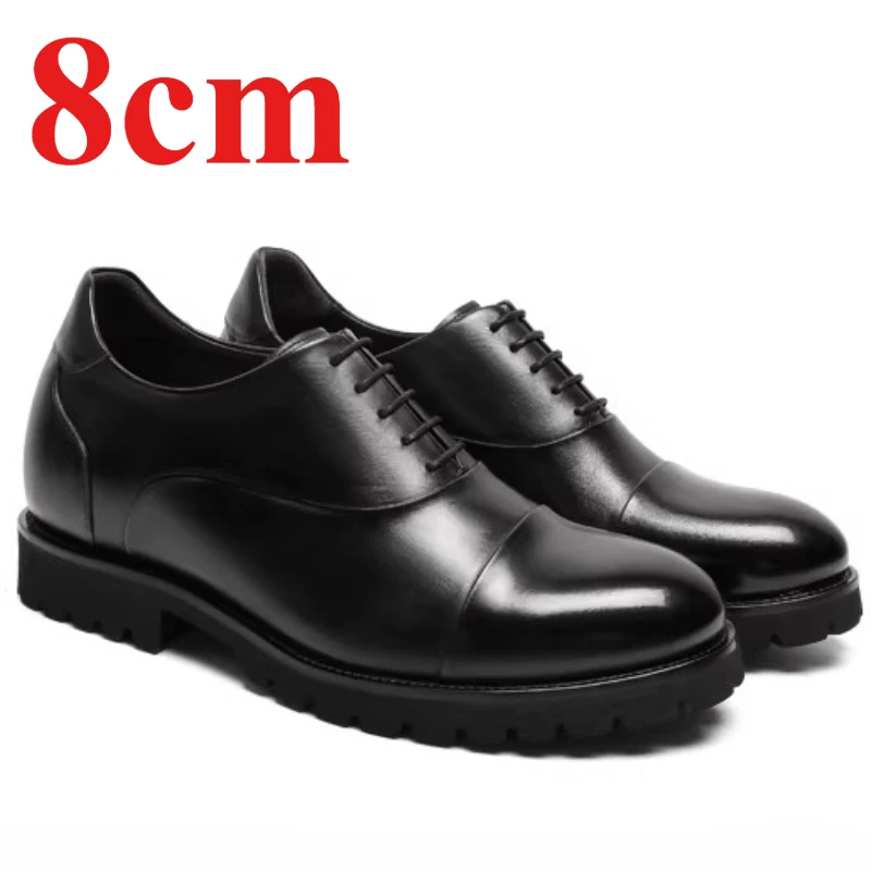 Black Round Head Oxford Shoes Men's 8cm Elevator Breathable Lightweight Height-increasing Footwear Genuine Leather Derby Shoes