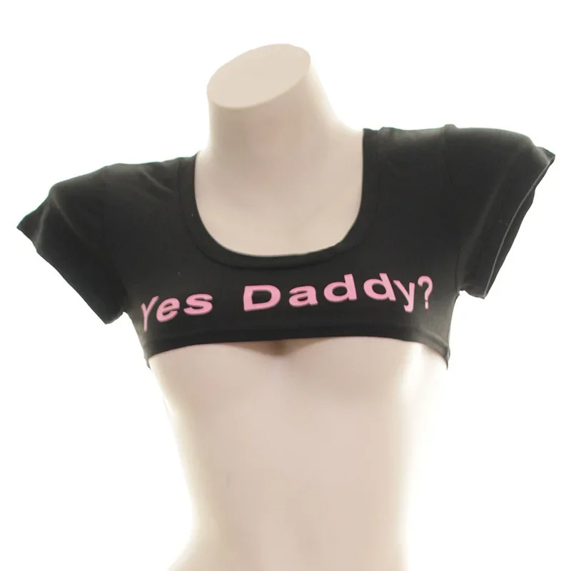 Yes Daddy Cosplay Costume Sexy Letter Print Short Sleeve Short Top Sleeve Crop Running T Shirt Black and White