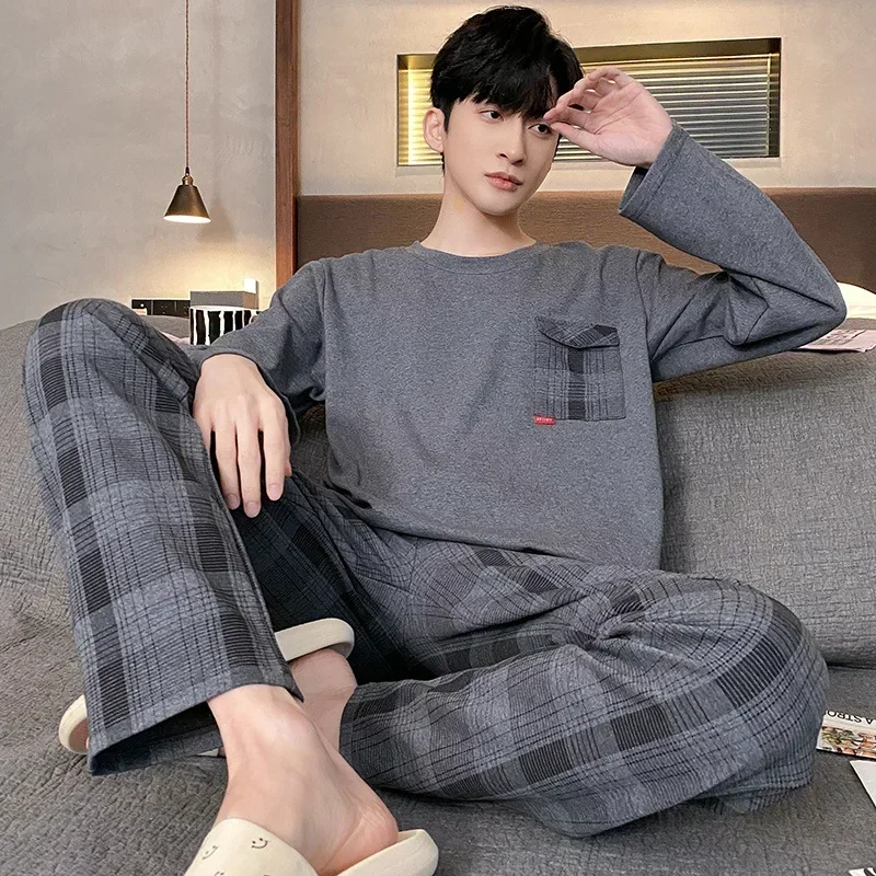 Men's Pajamas Long Sleeved Pajama Set Large Size Youth Warm Home Clothing, Can Be Worn Outside in Autumn and Winter