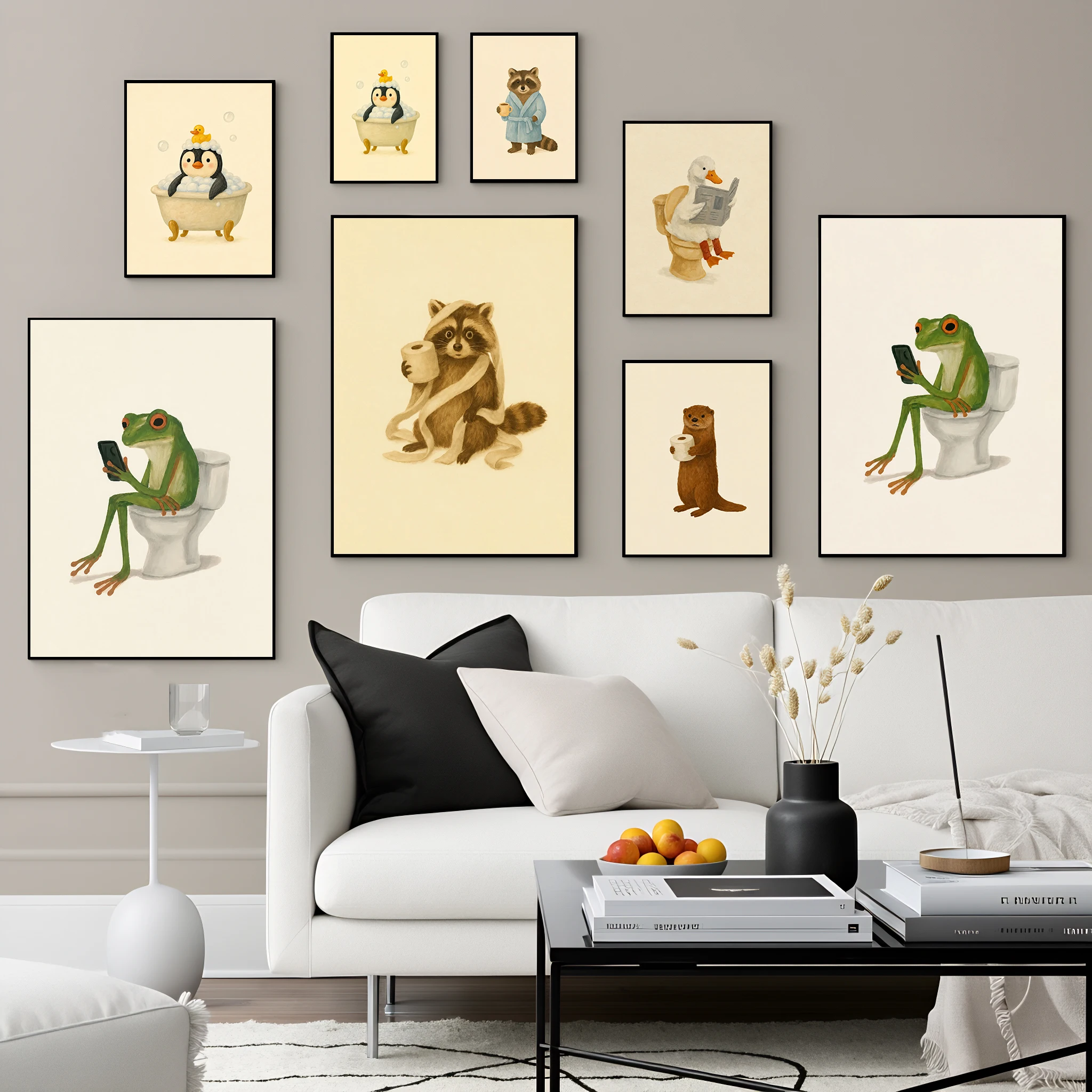 Funny Cute Bathroom Animal Wall Art Print Whimsy Raccoon Frog Penguin Flamingo Poster Novelty Toilet Restroom Home Wall Decor