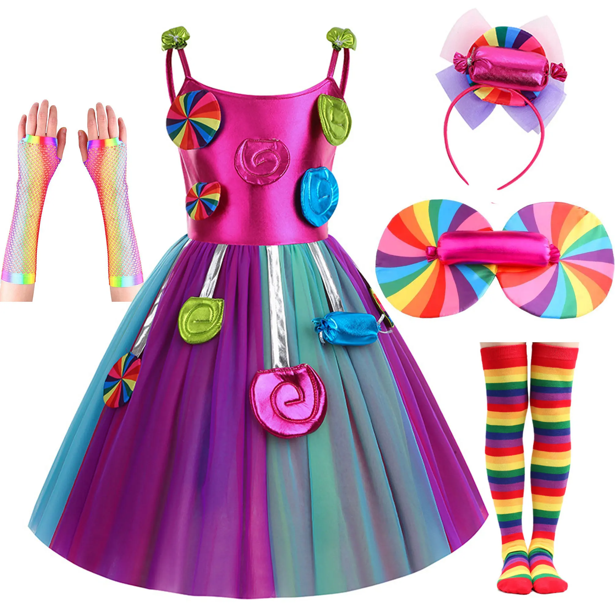 

2024 Rio Carnival Apparel Candy Dress for Girls Purim Festival Lollipop Cosplay Costume Toddler Rainbow Tutu Dress Princess Gown