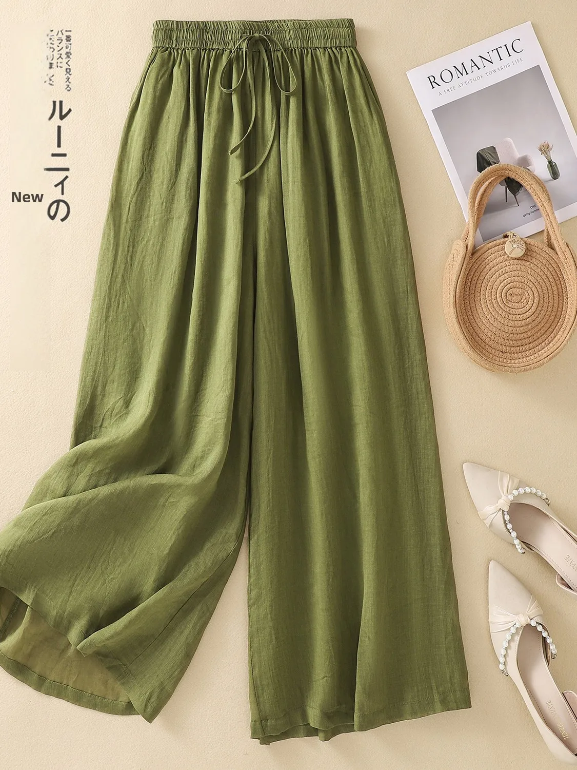 

Широкие брюки с высокой талией в стиле ретро, свободные повседневные брюки для женщин больших размеров, летние утягивающие свободные брюки с эластичной резинкой на талии, девятисекционные брюки