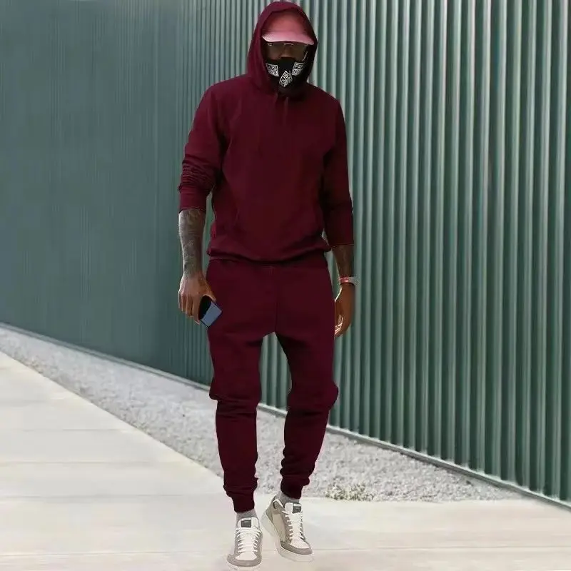 Men's Fashion Tracksuit Solid 2 Pieces Long Sleeve Hoody+Loose Swearpants Casual Sportsuit Men 2025 Newest