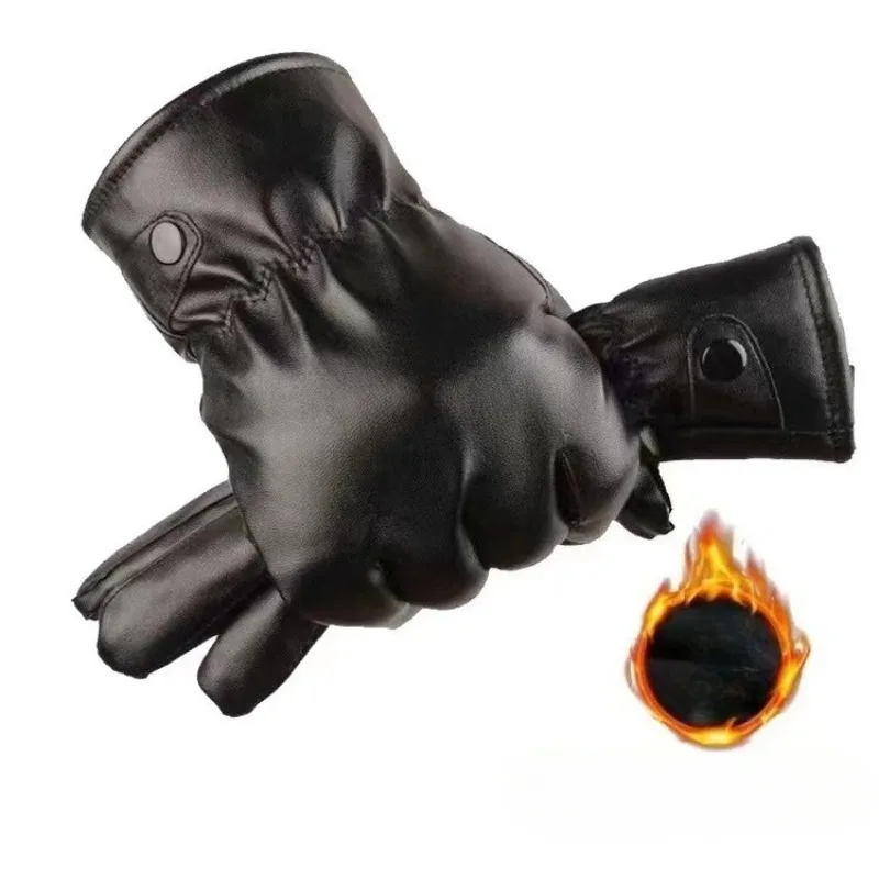 Winter Fashion Black PU Leather Gloves Male Thin Style Driving Leather Men Gloves Non-Slip Full Fingers Palm Touchscreen