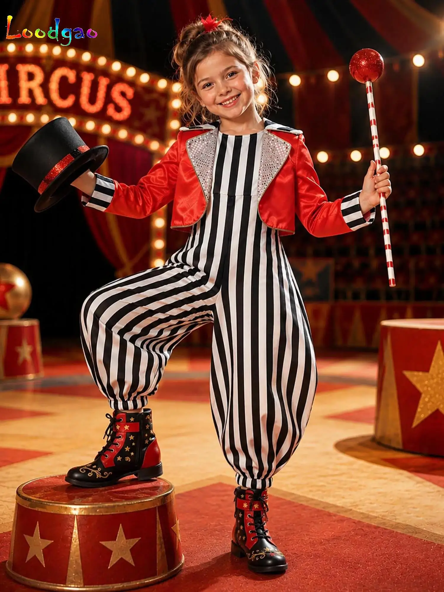Kids Girls Clown Cosplay Costume Sleeveless Striped Jumpsuit with Satin Jacket for Halloween Circus Ringmaster Themed Dress Up