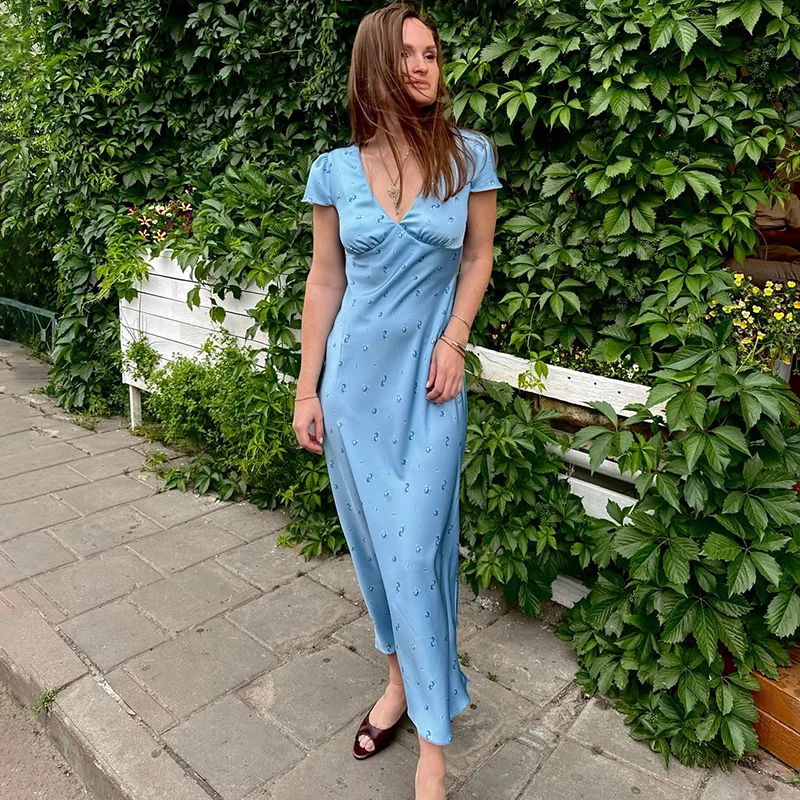 

Ticketsx Sexy V Neck Long Dress Women's Short Sleeve Floral Print Waist-Cinching Dress Female Casual Vacation Elegant Slim Dress