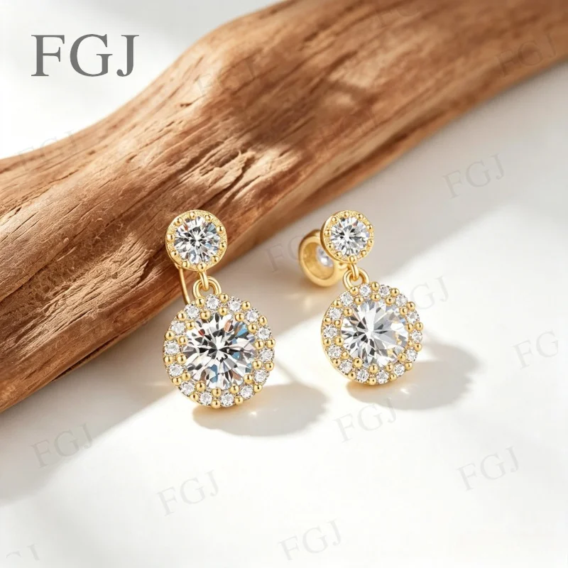 925 Sterling Silber Funkelnde Silber Halo Tropfen-Ohrringe Moissanit Runder Stein Hängeohrringe für Frauen Elegantes Brautgeschenk – Detail 11