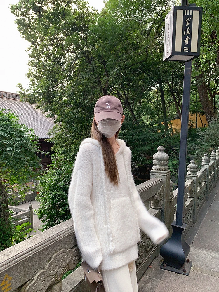 

Женский утепленный шерстяной свитер с V-образным вырезом, длинными рукавами, капюшоном, средней длины, облегающий, вязаный, мягкий, уютный, осенне-зимний, модный