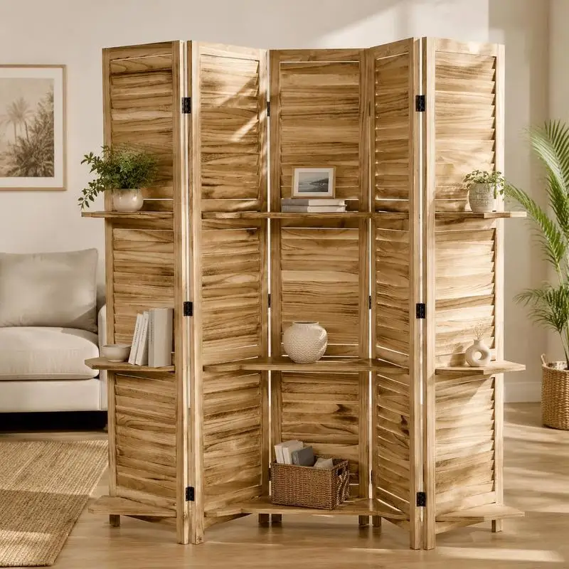 Paravent pliant d'intérieur 4 panneaux avec 3 étagères de rangement, cadre en bois de Paulownia et aspect pin, portes à persiennes, cloison de séparation autoportante pour salon, chambre et bureau, style naturel, décoration maison, gain de place