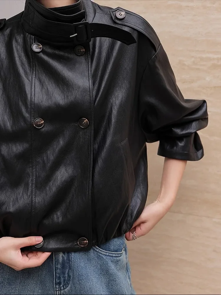 Women Retro Solid Short Leather Jacket Fashion Stand Collar Full Sleeve Double Breasted Loose Jackets Lady Daily Highstreet Coat