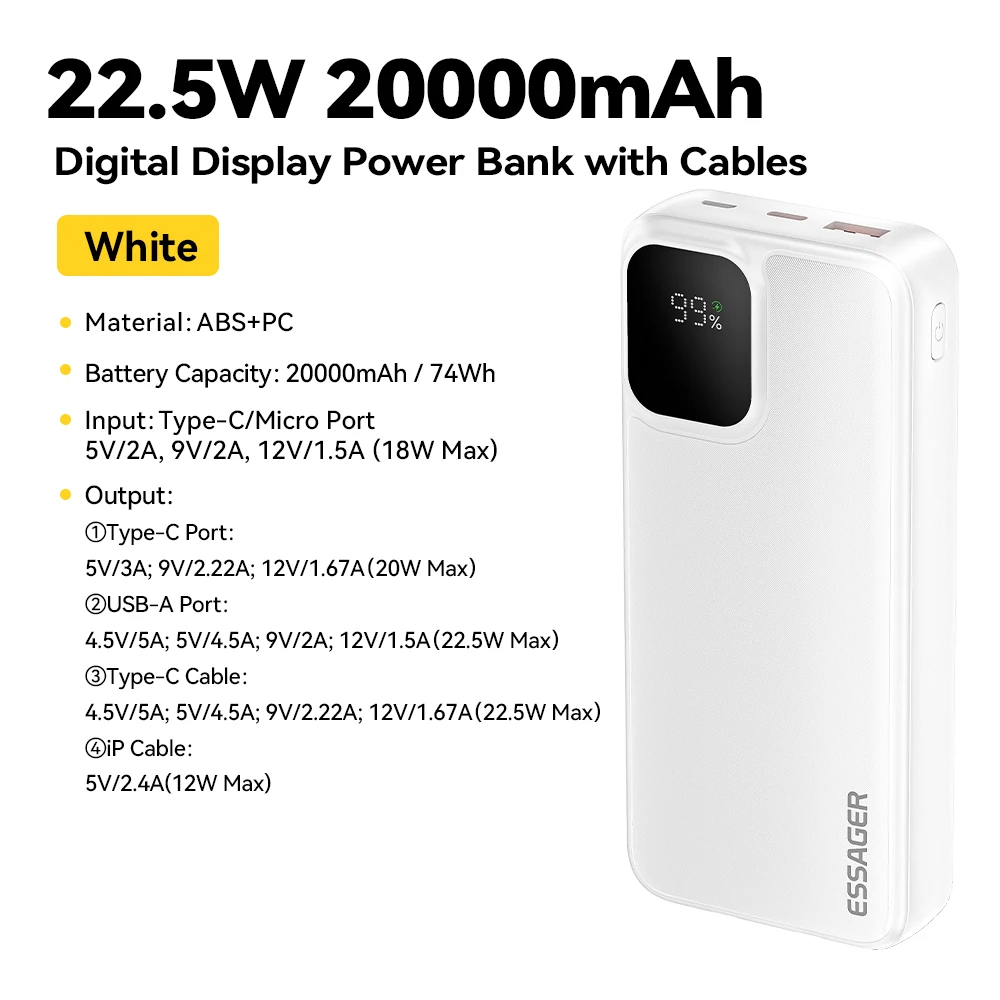 Essager draagbare powerbank 20000 mAh met twee ingebouwde kabels Externe batterij PD 22,5 W snel opladen voor iPhone 17 16 15 Xiaomi