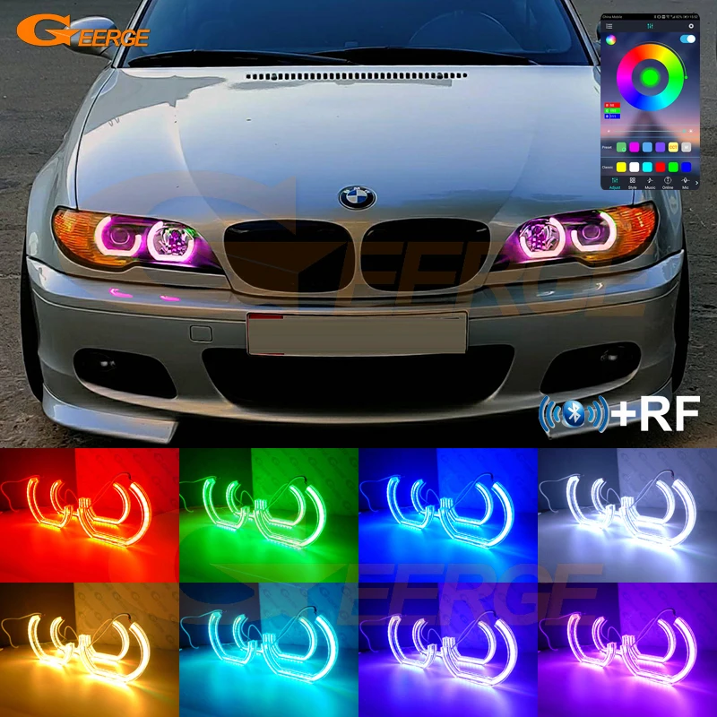 

Для BMW E46 Coupe Cabrio Convertible 2004-2006 LCI RF Remote Bluetooth APP DTM Style многоцветный RGB светодиодный ангельские глазки Halo Rings