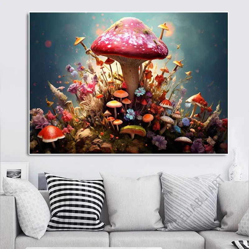 Modern Mushrooms Canvas Painting Magic Flower Insects Fantastical Landscape Posters and Prints for Living Room Wall Decor