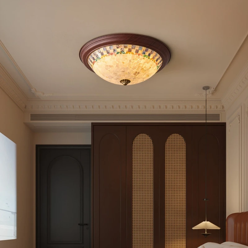 American Retro Handmade Shells LED Ceiling Lights Premium Walnut Grain Chandelier Bedroom Eye Protection Art Home Decor Fixtures