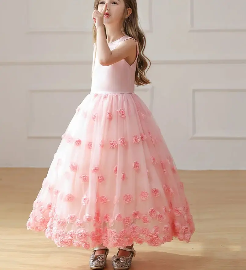 Girl Party Dress High-end Princess Dress for Girls 3D Flowers Child Birthday Dresses Pink
