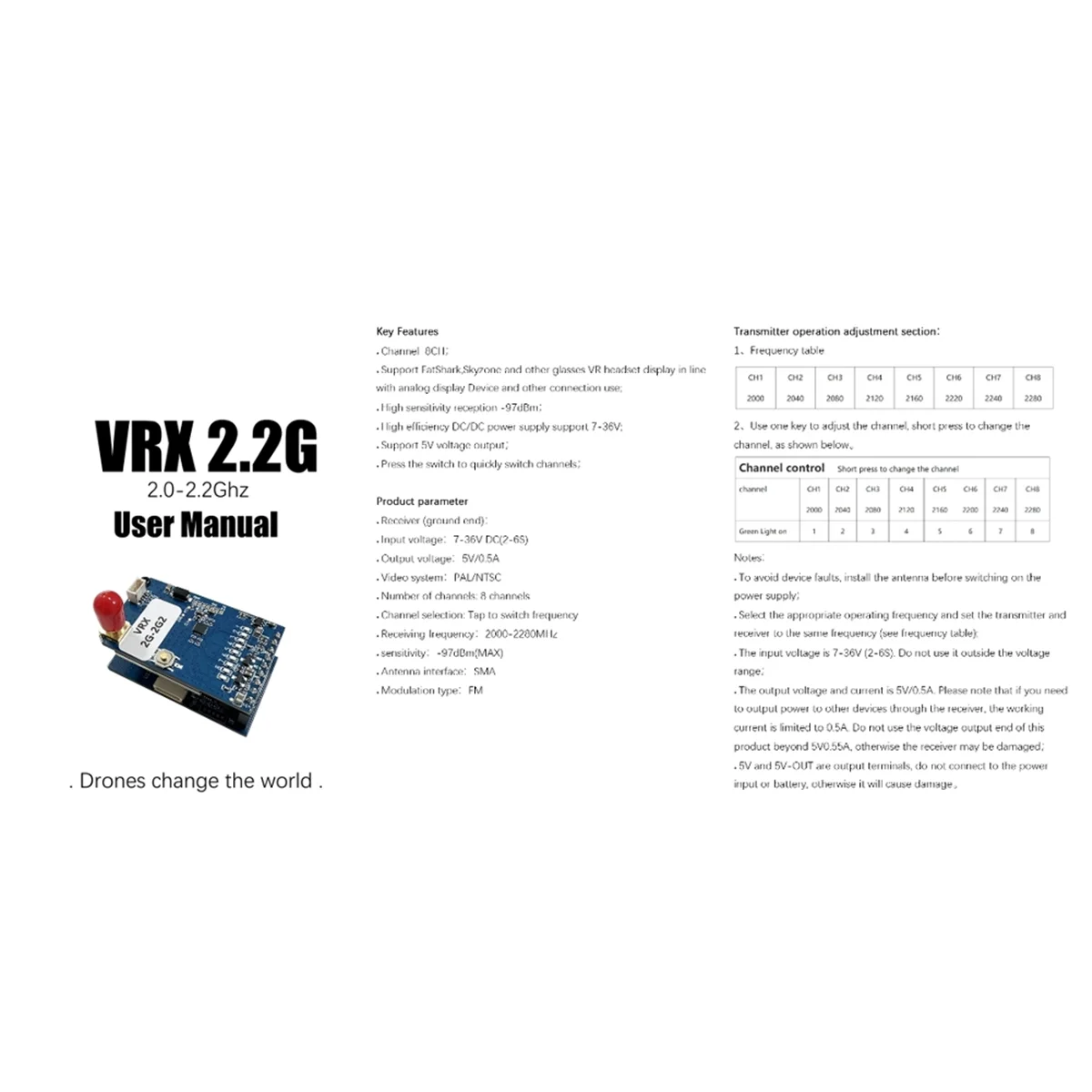 AT42 2G-2.2G FPV VRX 8CH FPV Módulo receptor de vídeo PAL/NTSC 7-36V para gafas FatShark FPV