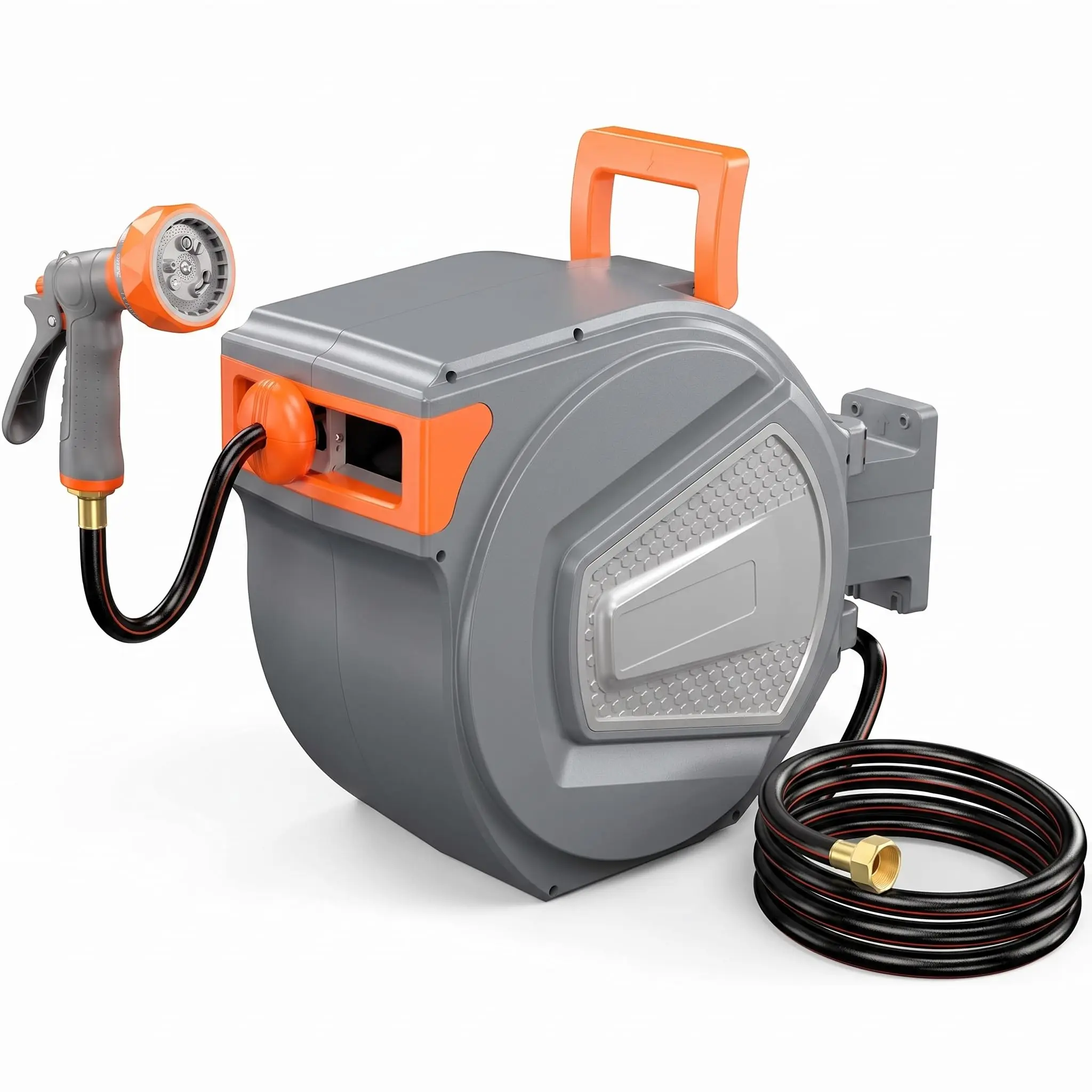 Retractable Garden Hose Reel,Heavy Duty Water Hose Reel,Wall Mounted with 9-Pattern Spray Nozzle,Any Length Lock,Slow