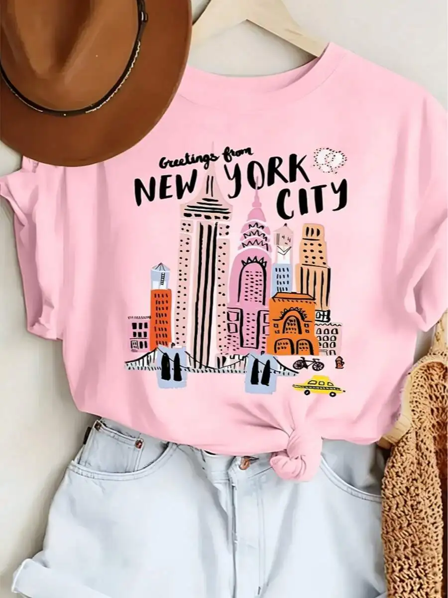 

Womens Relaxed Fit Cotton Tee With NYC Skyline Print Crew Neck Short Sleeve Casual Top