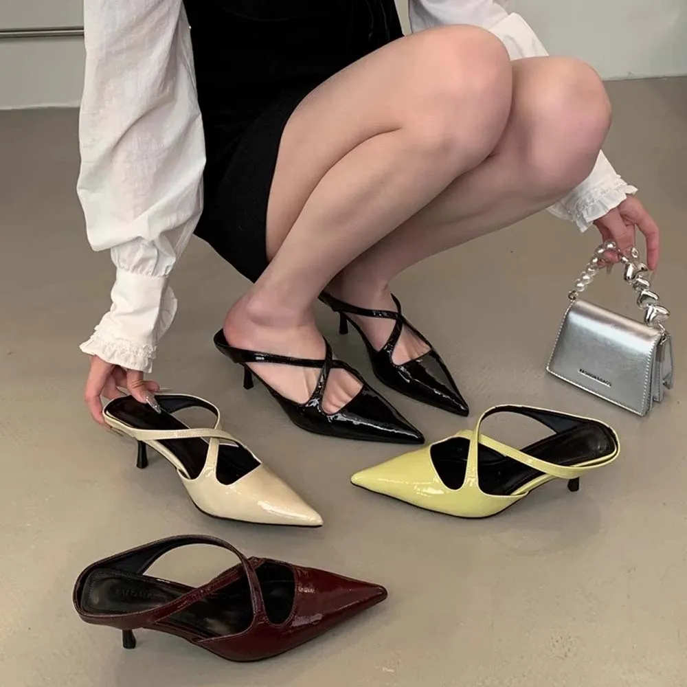 

Women High Heels Mules Slippers Closed Pointed Toe Kitten Heel Sandal Pumps Ankle Cross Strap Slip On Backless Dress Shoes 6cm