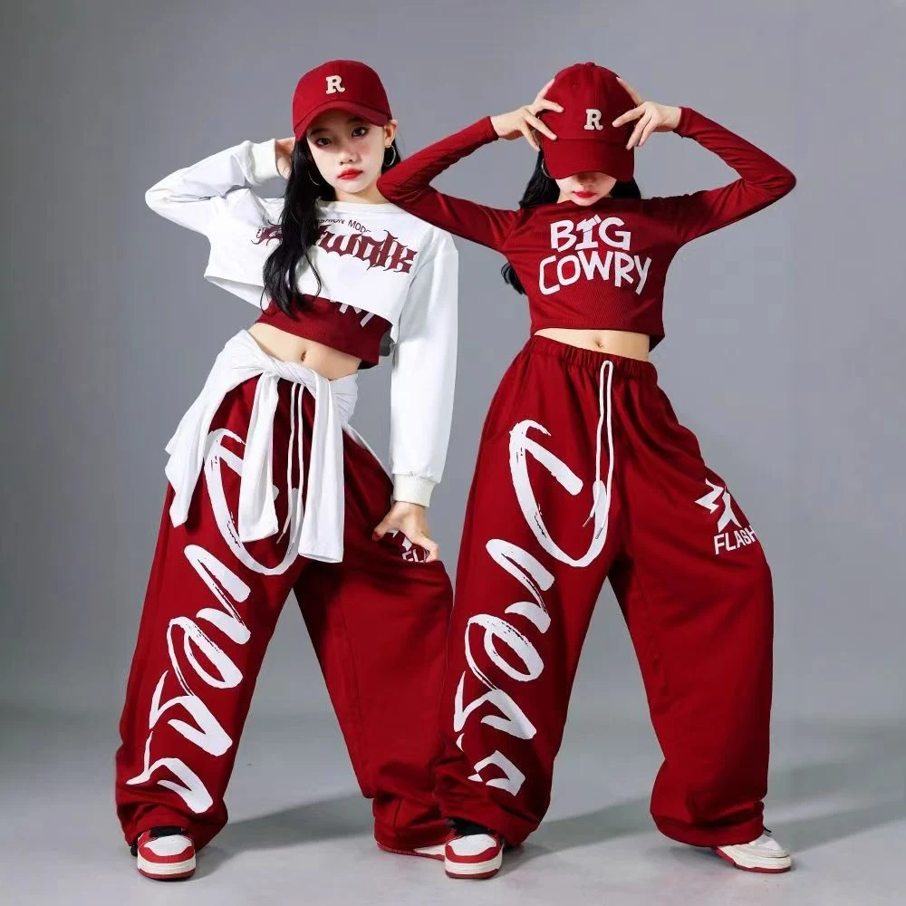 Children Street Dance Wear Girls Red Hip Hop Dance Suit Kids Jazz Kpop Stage Outift Casual Clothes Long Sleeve Tops Pants 2290