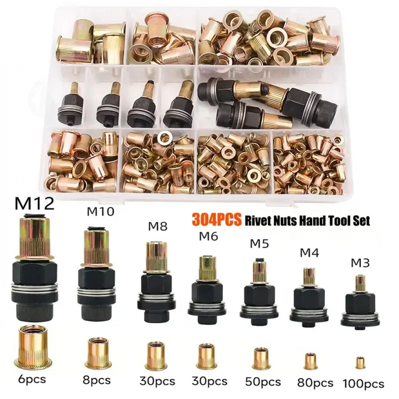 216/304-Piece Rivet Nut and Hand Tool Set, Metric Rivet Nut Assortment (M12/M10/M8/M6/M5/M4/M3)