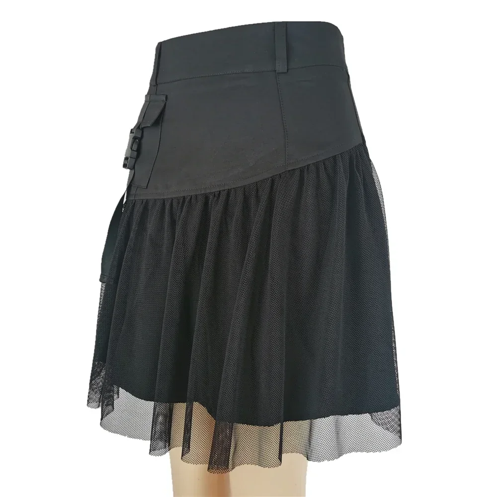 IMU Y2k Vintage Skirt Dark Pocket Female Style Ladies Harajuku Mesh Summer Streetwear Black Sexy High Waist A-Line Party
