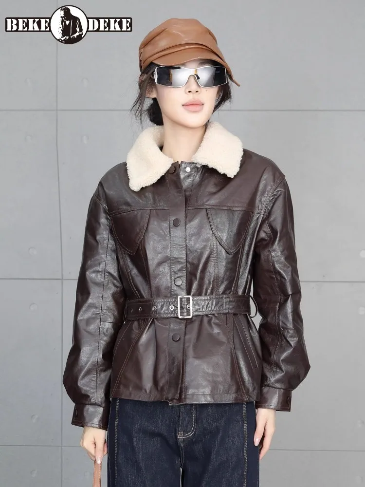 Winter Ladies Oil Wax Cowhide Goose Down Jacket Warm Women Short Real Leather Down Coat Wool Collar Belt Single-breasted Jackets