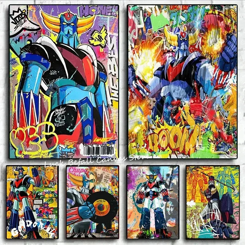 

Абстрактный граффити робот мультфильм плакат грендар уличные художественные принты красочный золотой воин Настенная картина холст Декор комнаты