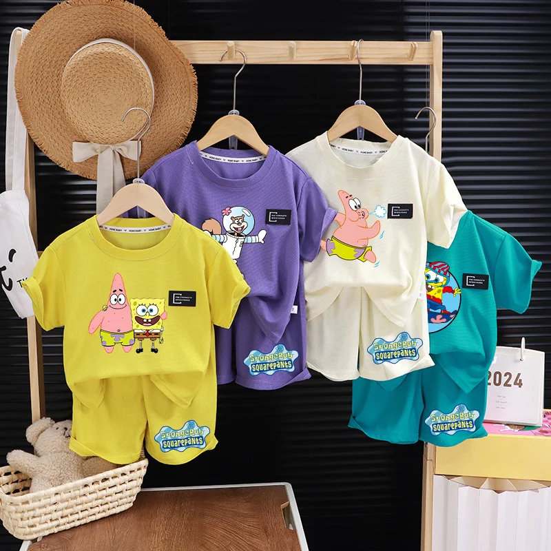 SpongeBob SquarePants Kids Clothes Girls Boys Anime Cartoon Character Pattern Print Child's Short-sleeved Set Cool Comfortable