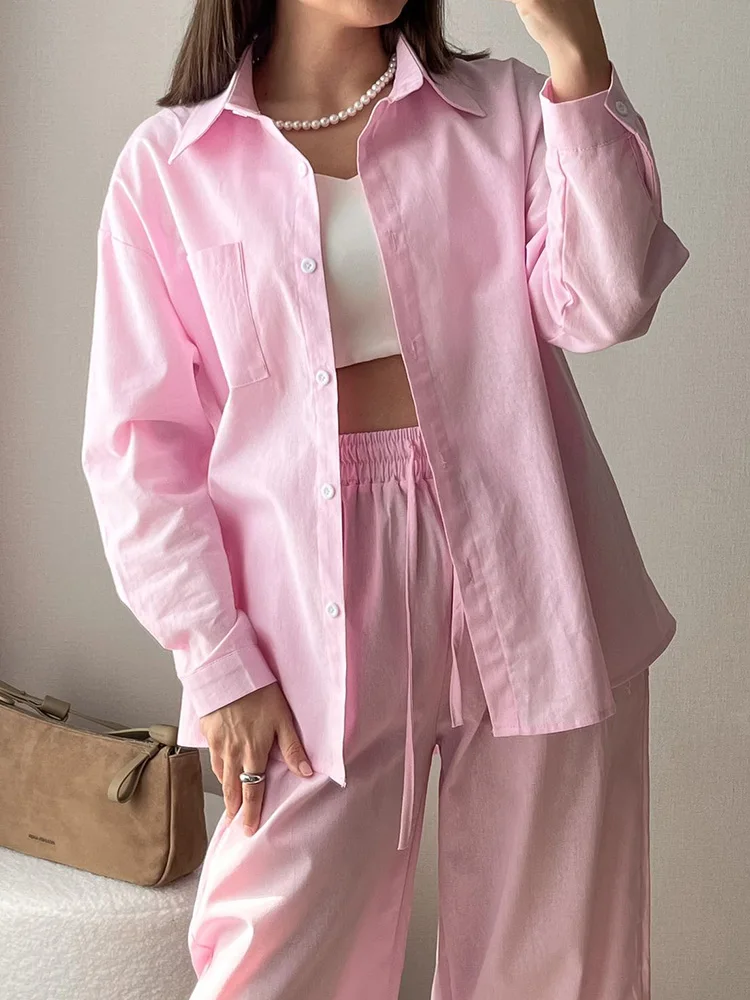 Streamgirl Linen Pants Sets For Women Summer Suits Pink Two Piece Trouser Women's Suit Sets Linen Shirt Set Oversize Outfit Suit