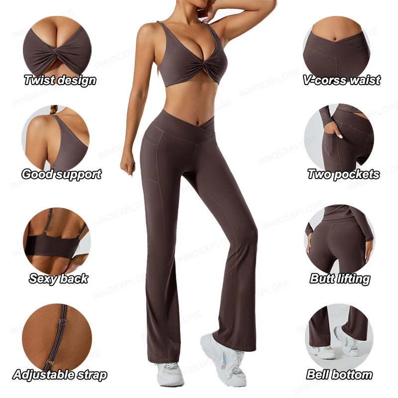 Women Clothing Yoga Set Gym Top Sports Bra Woman Fitness Flare Leggings Workout Outfit Casual Bell Bottom Pants Women Activewear