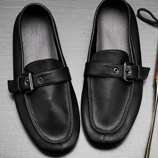 Men's Metal Buckle Strap Decor Slip On Loafers Soft Leather Flat Sole Casual Shoes Office Dress Shoes Handcrafted Men's Shoes