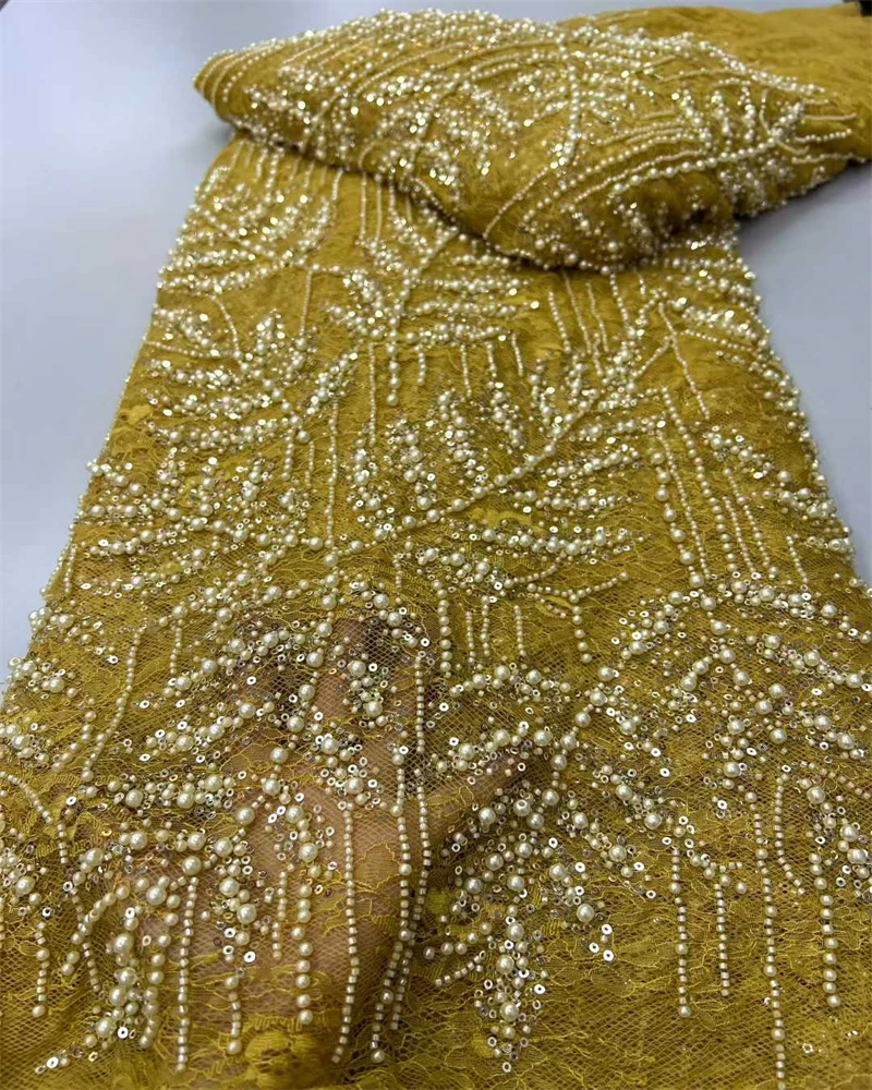 

Wholesale Nigerian Gold Lace Fabrics Fashion Women African Tulle Lace Luxury Handmade Beaded Sequins Fabrics For Wedding