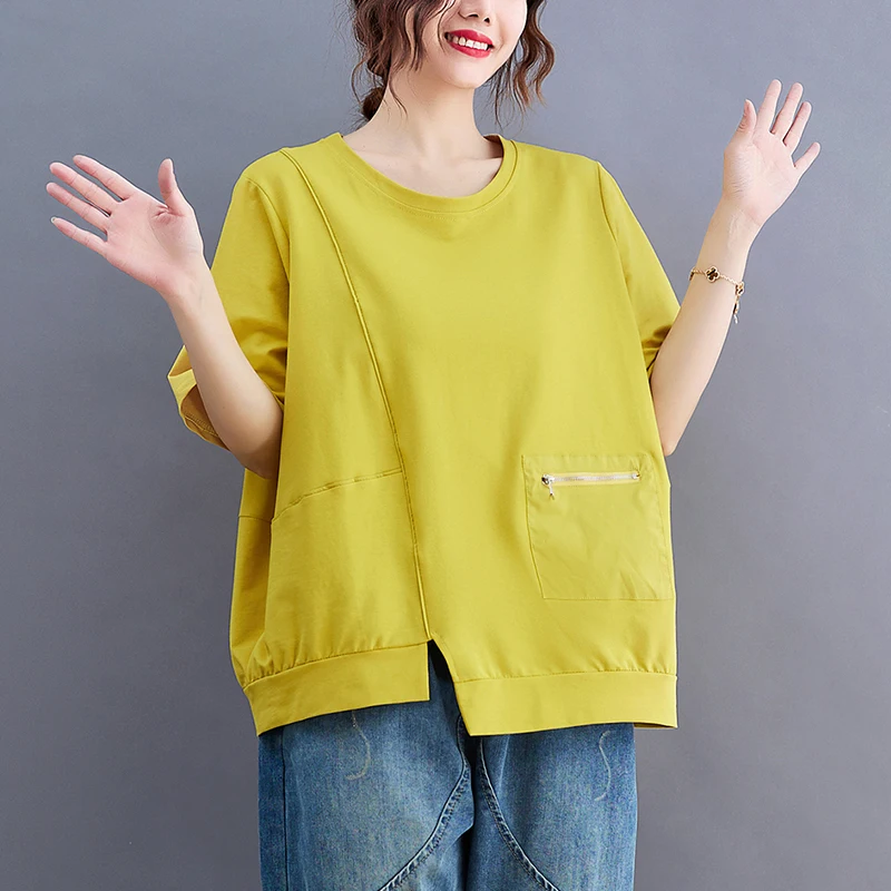 Faionable solto ort sve camiseta feminina plus size verão topo assimétrico bainha design sensação casual mistura de algodão