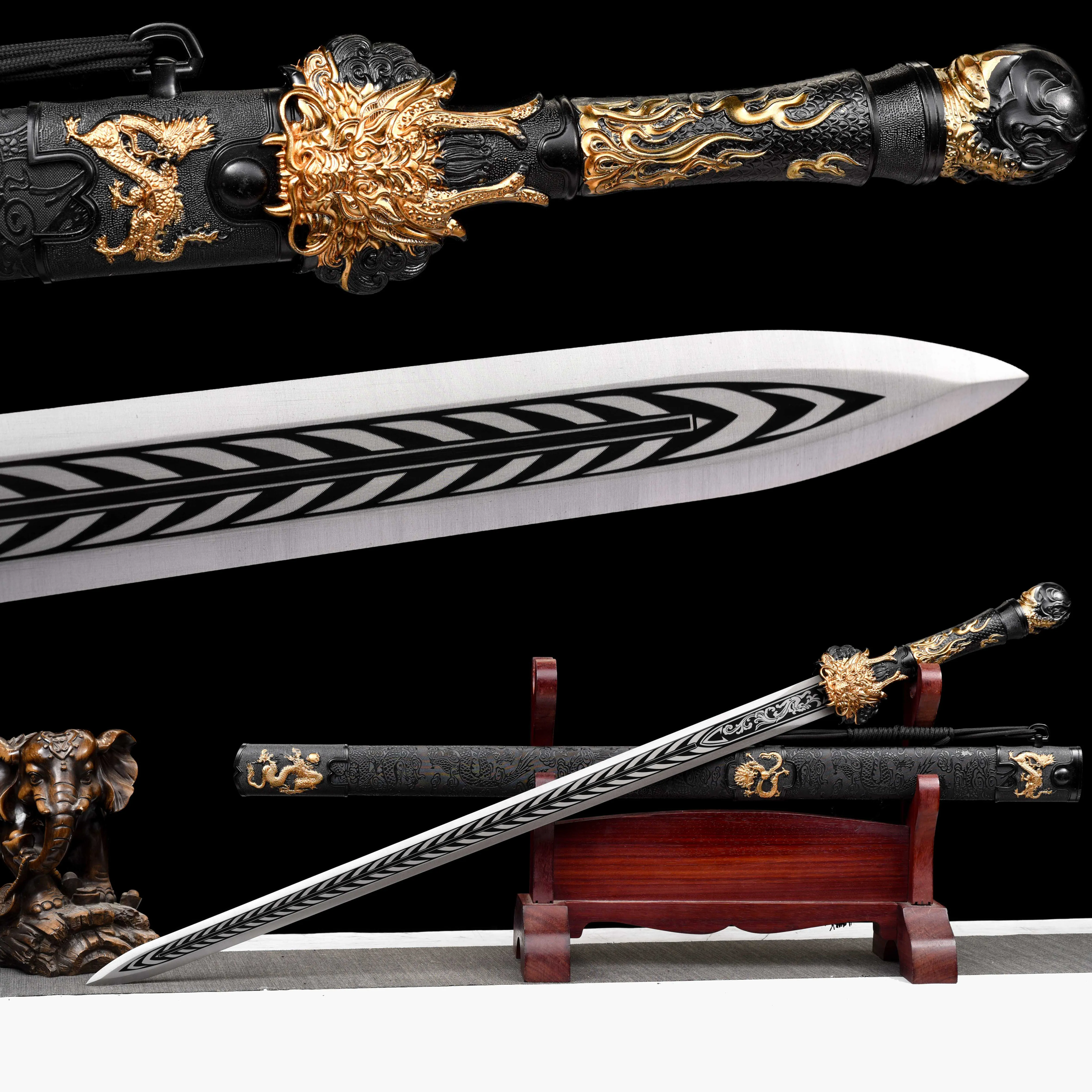 Medieval Golden Dragon King Sword, True steel, traditional Chinese samurai sword, battle preparation, sharp weapon, Ninja katana