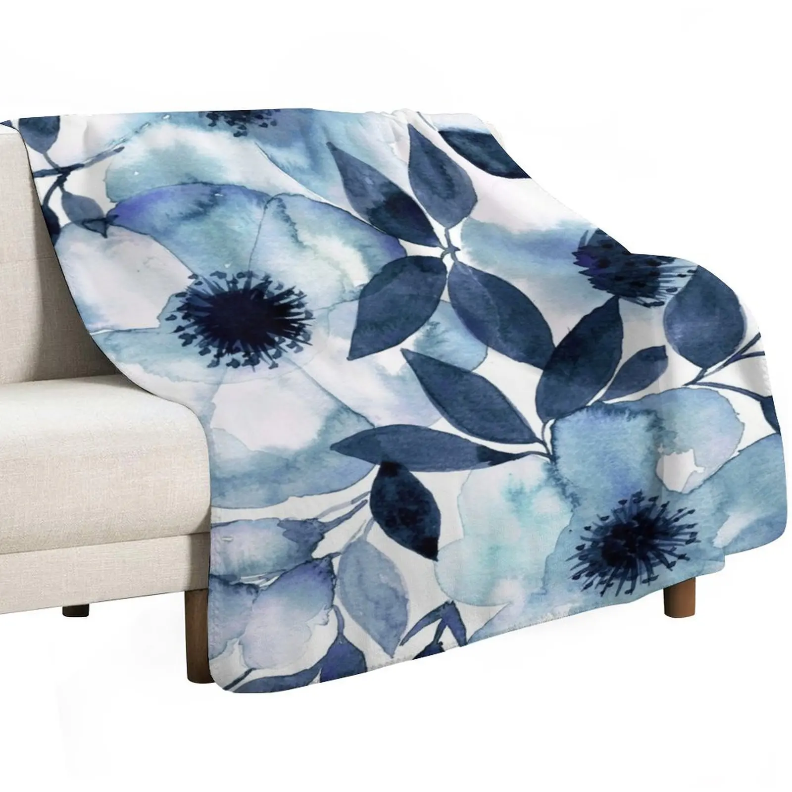 Hamptons style navy blue watercolour floral painting Throw Blanket Large decorative Bed linens bed plaid Luxury Blankets