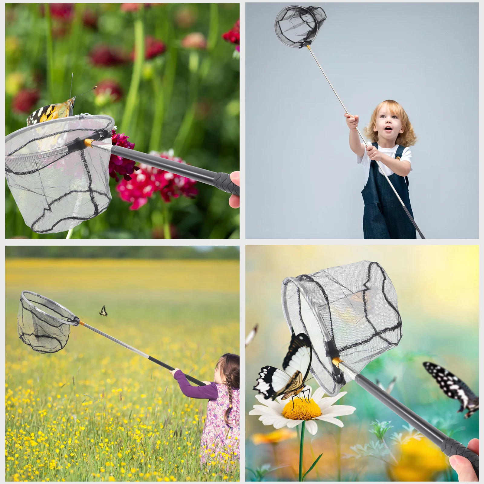 شبكة حشرات تلسكوبية بمقبض من الفولاذ المقاوم للصدأ، إطار متين، تصميم شبكي قوي، صائد الفراشات المحمول، سهل التركيب