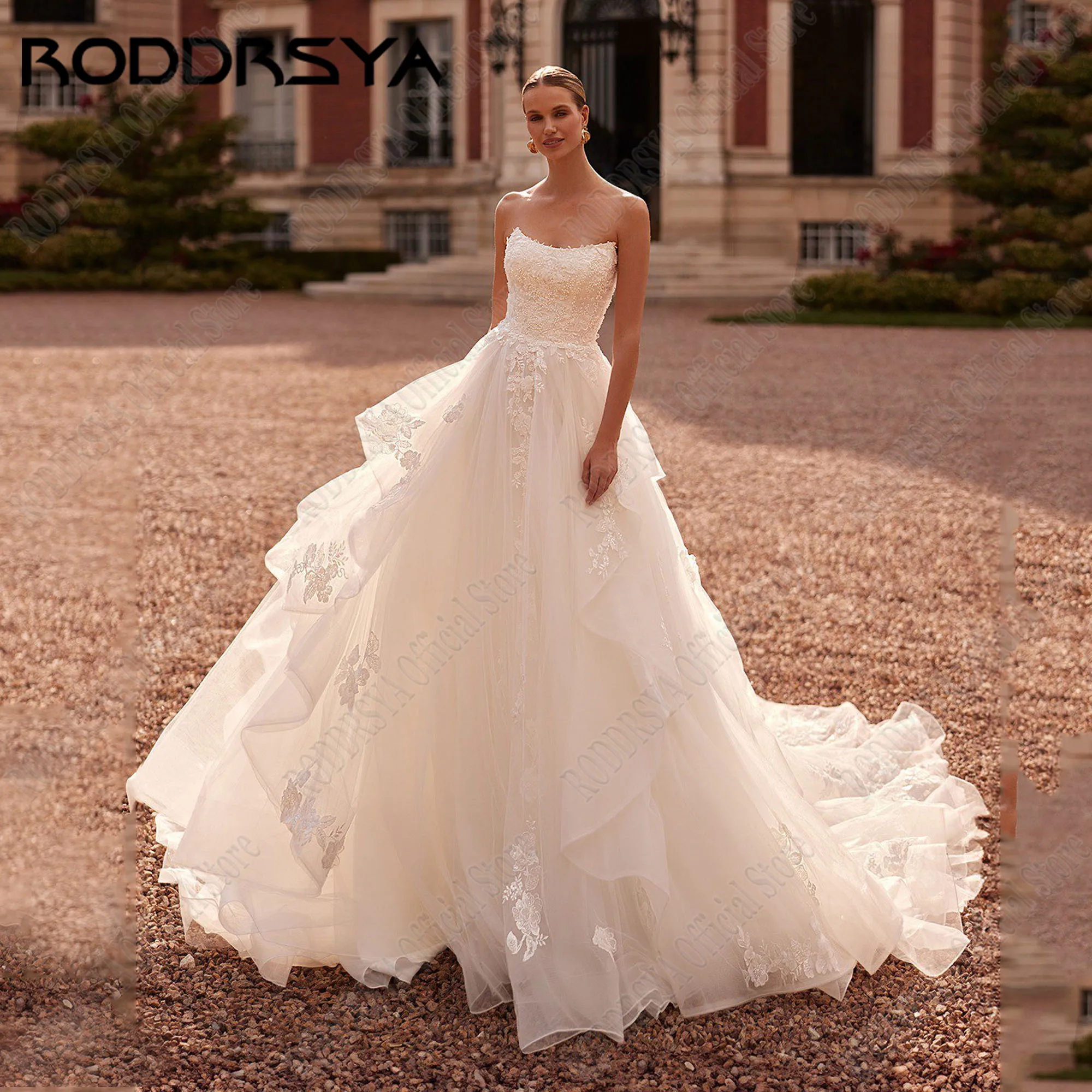 

RODDRSYA Strapless Wedding Dress 2024 Lace Applique Boho Bride Gowns A-Line Sleeveless Luxury Bridal Dresses For Women Custom
