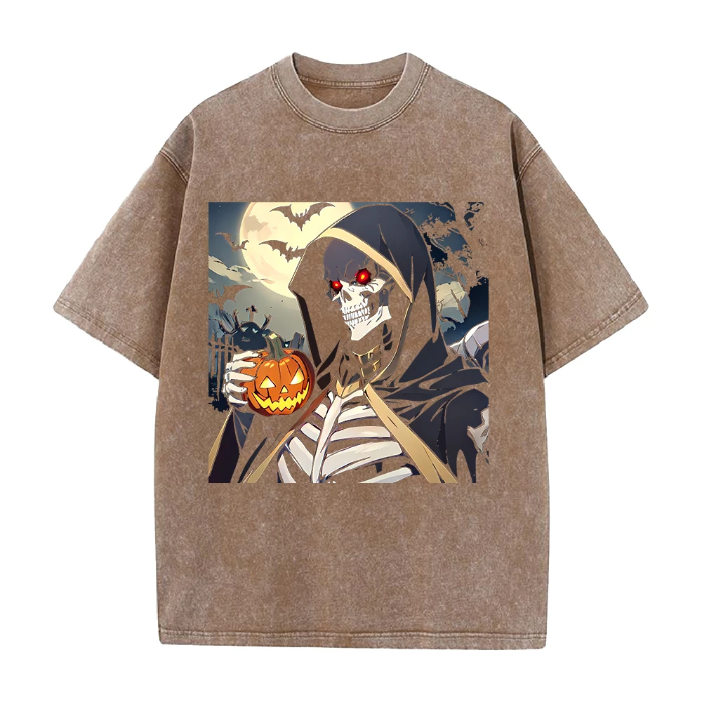 Ainz Ooal Gown Halloween Print T-shirt Anime Overlord Clothing Men Women Cotton Tshirts Retro Washed T Shirt Harajuku Street Top