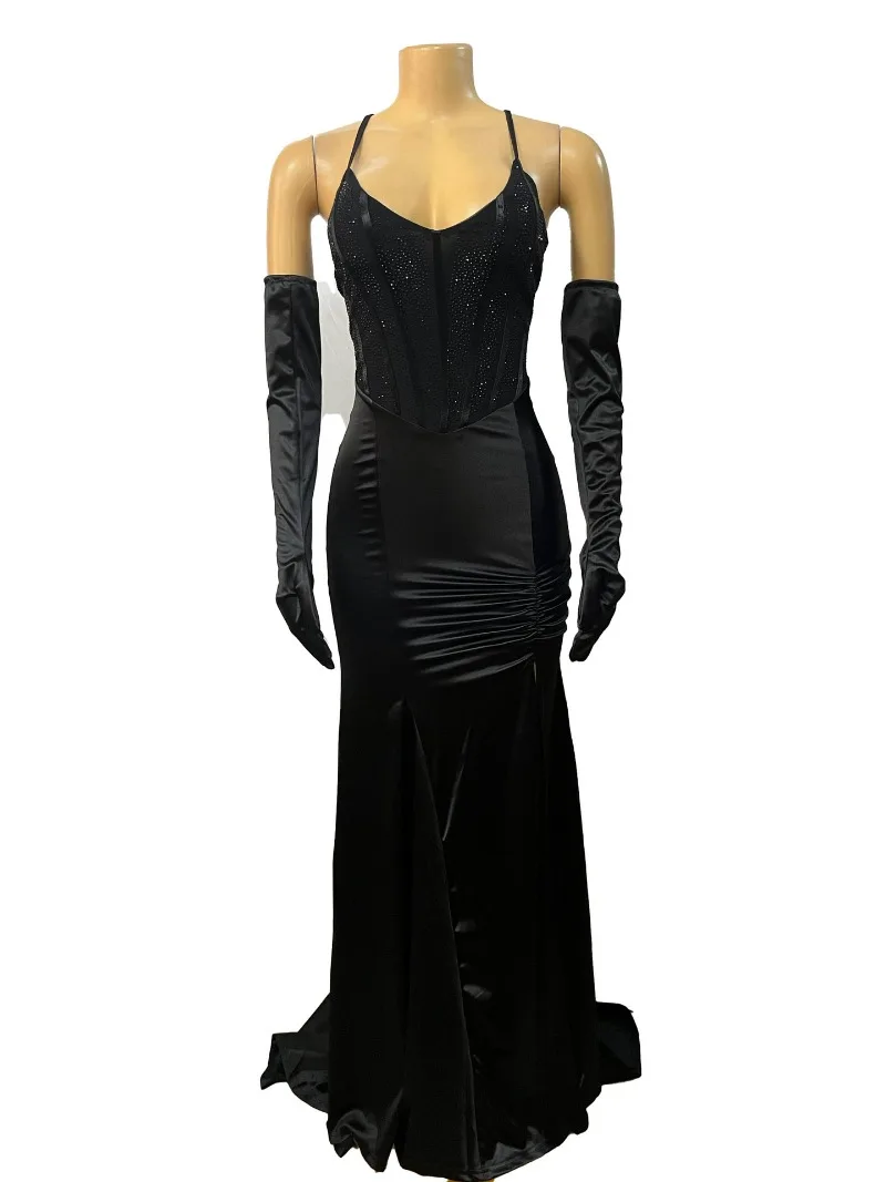 Diamonds Corset Floor-length Evening Party Dresses with Gloves Women Sexy V-neck Lace Up Halter Backless Bodycon Birthday Robe