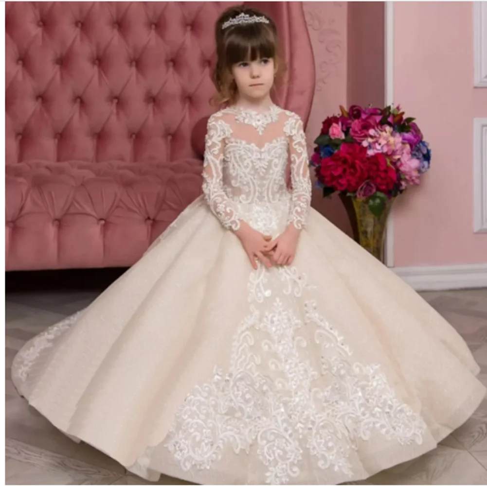 Vestido florido de renda para casamento, mangas completas, tule inchado brilhante, festa de aniversário infantil, vestidos de baile da primeira comunhão, 2024