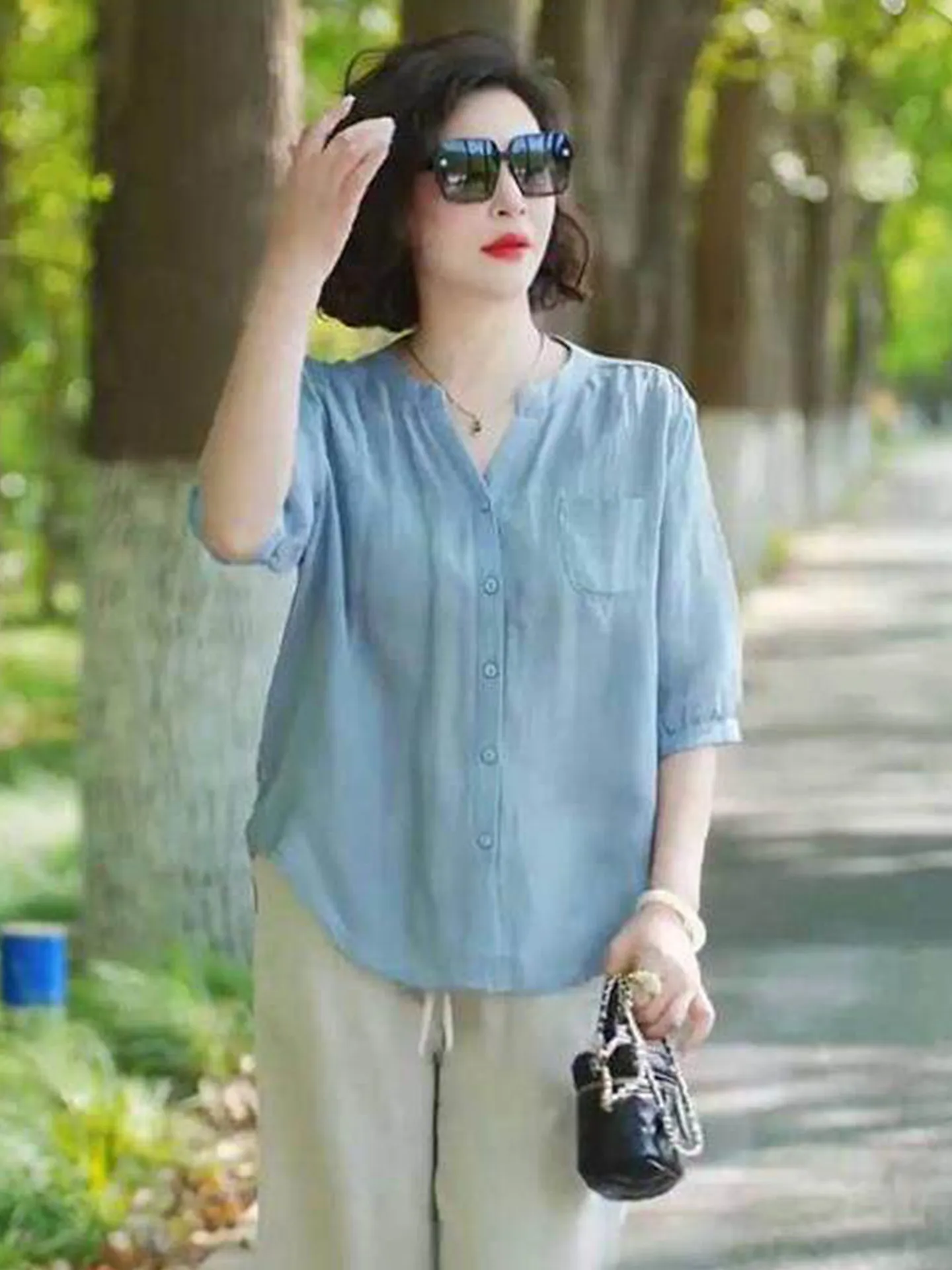 

Summer New 2026 High End Casual Loose Slimming Korean Style Fashionable Anti Aging mid Sleeve Shirt for Young Women