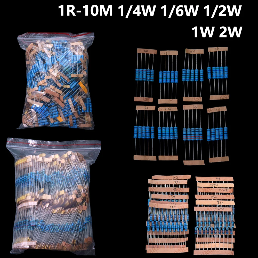 130Values 156Values 1/4W 1/6W 1/2W 1W 2W Power Metal Film Resistor Kit 1R-10M  Assortment Set 1ohm-10Mohm samples pack 1W 2W