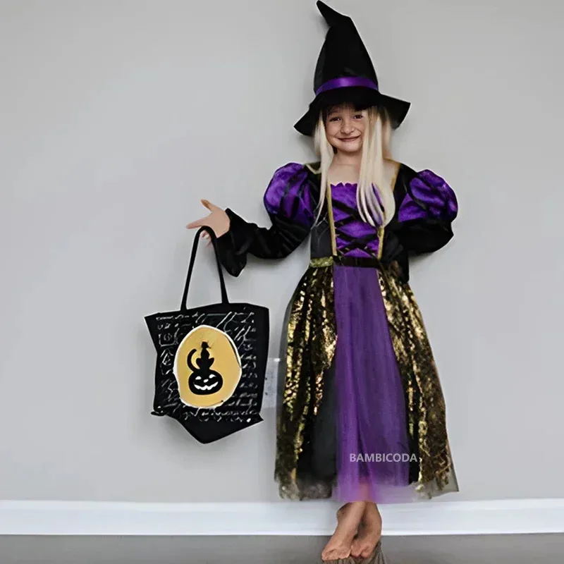 Disfraces de Halloween de bruja brillante para niñas, vestido largo morado con luz LED para niños, traje de cosplay de Carnaval con sombrero de escoba 72b
