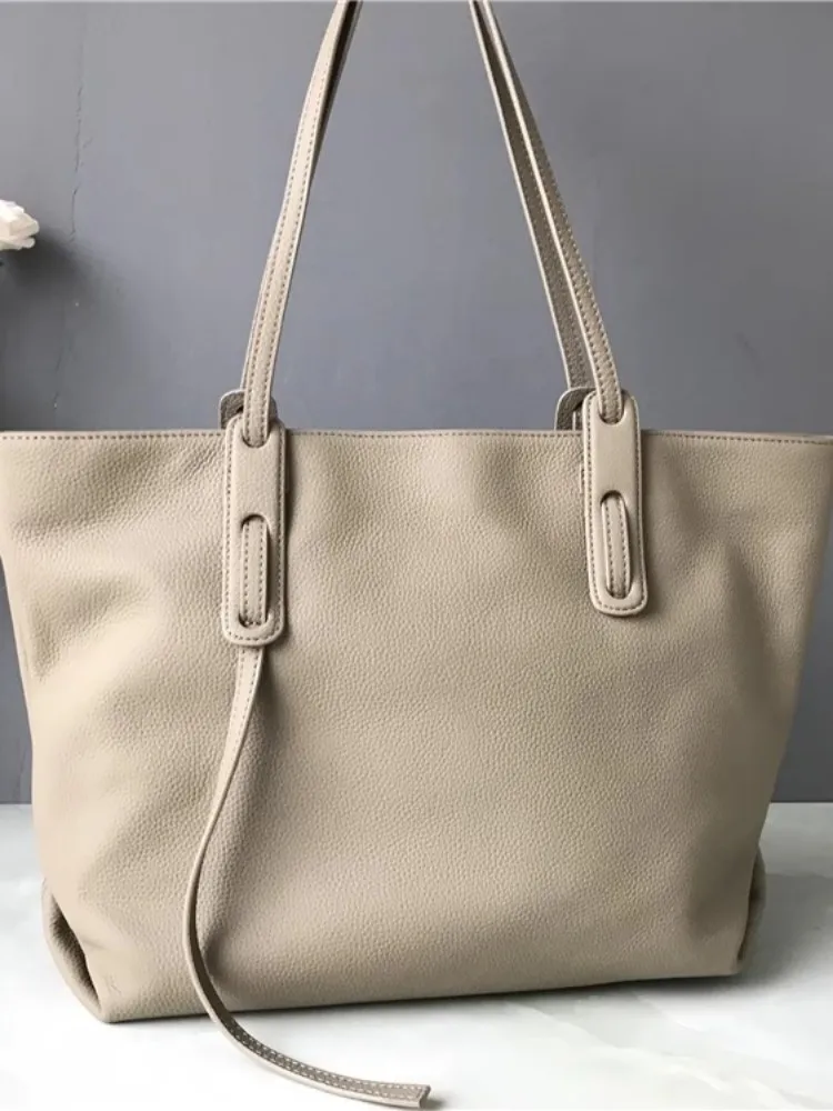 Nuevo bolso de mano informal de gran capacidad para mujer, bolso de mano de cuero genuino para oficina, bolso de hombro individual a la moda de Color sólido con cremallera