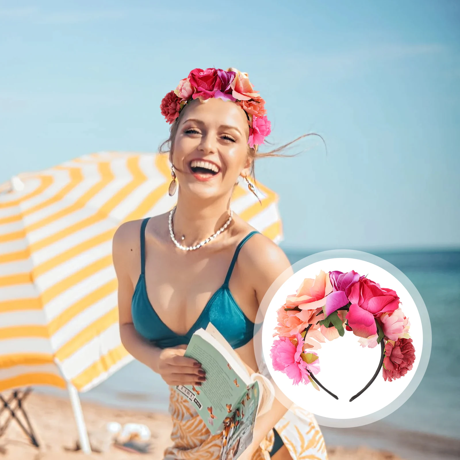 

Simulation Rose Hair Headband Hawaii Style Party Festival Women Girl Flower Design Headdress Unique Costume Hairband Decorative